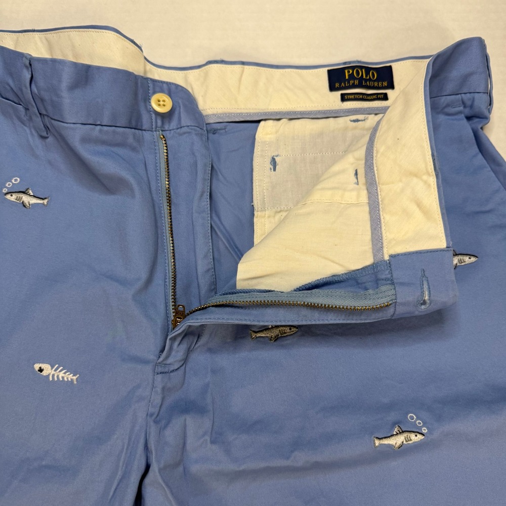 Polo Ralph Lauren Men's 38 Light Blue Embroidered Fish Chino Shorts - Picture 1 of 9